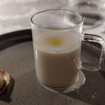 Hapa Bistro - Amuse-Bouche -- Cauliflower Soup, Tart with Crab. Close-up of the cauliflower soup. - French Near Me - San Bruno, California Hapa Bistro - Amuse-Bouche -- Cauliflower Soup, Tart with Crab. Close-up of the cauliflower soup. - French Near Me - San Bruno, California