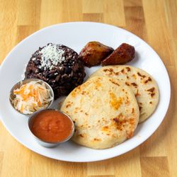 The Window Atl - Pupusas traditional with casamiento (mix of rice and beans), sweet platanos maduros, curtido and salsa roja.
