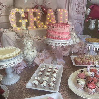 Three French Hens Bakehouse - Dessert Table with Hello Kitty Graduation Cake - Bakeries Near Me Three French Hens Bakehouse - Dessert Table with Hello Kitty Graduation Cake - Bakeries Near Me