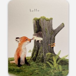 My fav greeting card here!!! Adorable! - A greeting card displays a fox and a hedgehog touching noses beside a tree with moss and mushrooms, with the word 'hello' at the top.