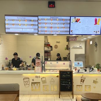 T-Swirl Crepe - Service counter and the menu on big screen TVs aboce. - Creperies Near Me - Las Vegas, Nevada T-Swirl Crepe - Service counter and the menu on big screen TVs aboce. - Creperies Near Me - Las Vegas, Nevada