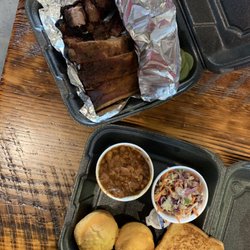 Velvet Smoke BBQ - Ribs and Burnt End Plate with Corn Muffins, Creamy Slaw and BBQ Baked Beans