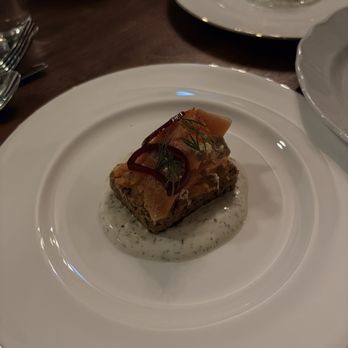 St Lawrence Restaurant - first course: maple smoked steelhead trout on dill cream and rye bread - French Near Me - Vancouver, British Columbia
