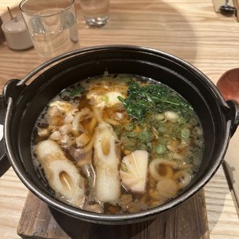Raku - Nabeyaki Hot Udon (鍋焼きうどん)- chicken, shrimp tempura, sea eel, fish cake, shiitake mushroom, sansai, egg - Japanese Near Me - New York, New York