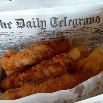 GB Fish & Chips - Cod fish and chips (fries) with a side of malt vinegar and tartar sauce with lemon slices - British Near Me - Denver, Colorado GB Fish & Chips - Cod fish and chips (fries) with a side of malt vinegar and tartar sauce with lemon slices - British Near Me - Denver, Colorado
