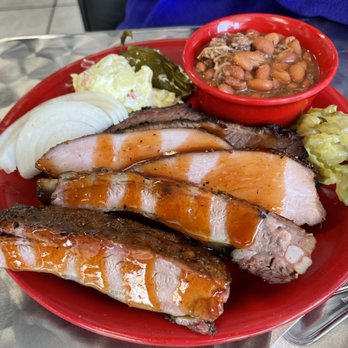 Pit Stop Bbq - 3 meat combo with beans and potato salad. - Barbeque Near Me - Sonora, Texas Pit Stop Bbq - 3 meat combo with beans and potato salad. - Barbeque Near Me - Sonora, Texas