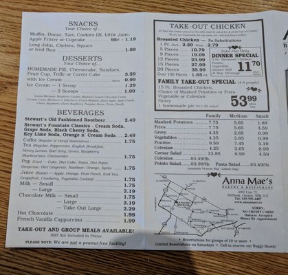 Menu photo 7 Anna Mae's Bakery & Restaurant Millbank, ON