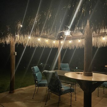 Two Brothers Palapa - Nighttime view. Lights around the edges. Fan with light. - Patio Coverings Near Me Two Brothers Palapa - Nighttime view. Lights around the edges. Fan with light. - Patio Coverings Near Me