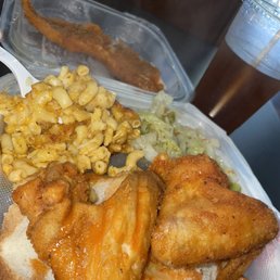 Wings , mac , cabbage , piece of whiting