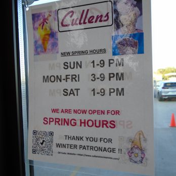 Cullens Ice Cream - Hours of operation, front entry door. - Ice Cream & Frozen Yogurt Near Me - Champlin, Minnesota