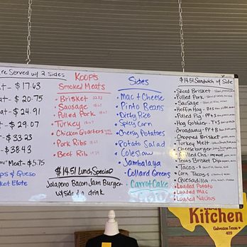 Koop's BBQ Kitchen & Catering - 12/2023: Menu - meat plates; meat by the pound; today's sides and desserts; sandwiches and today's special. - Barbeque Near Me - Galveston, Texas Koop's BBQ Kitchen & Catering - 12/2023: Menu - meat plates; meat by the pound; today's sides and desserts; sandwiches and today's special. - Barbeque Near Me - Galveston, Texas