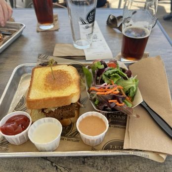 Left Coast Brewing - BBQ meatloaf sandwich with bbq ranch dressing salad. Scottish Ale - Distilleries Near Me - Ontario, California