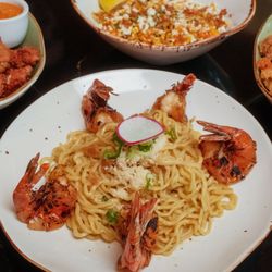 VOX Kitchen - Fountain Valley - Garlic Noodles with Prawns, Elote