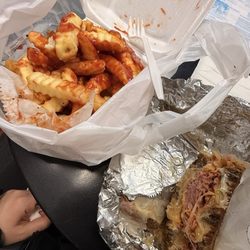Reuben with corned beef and fries