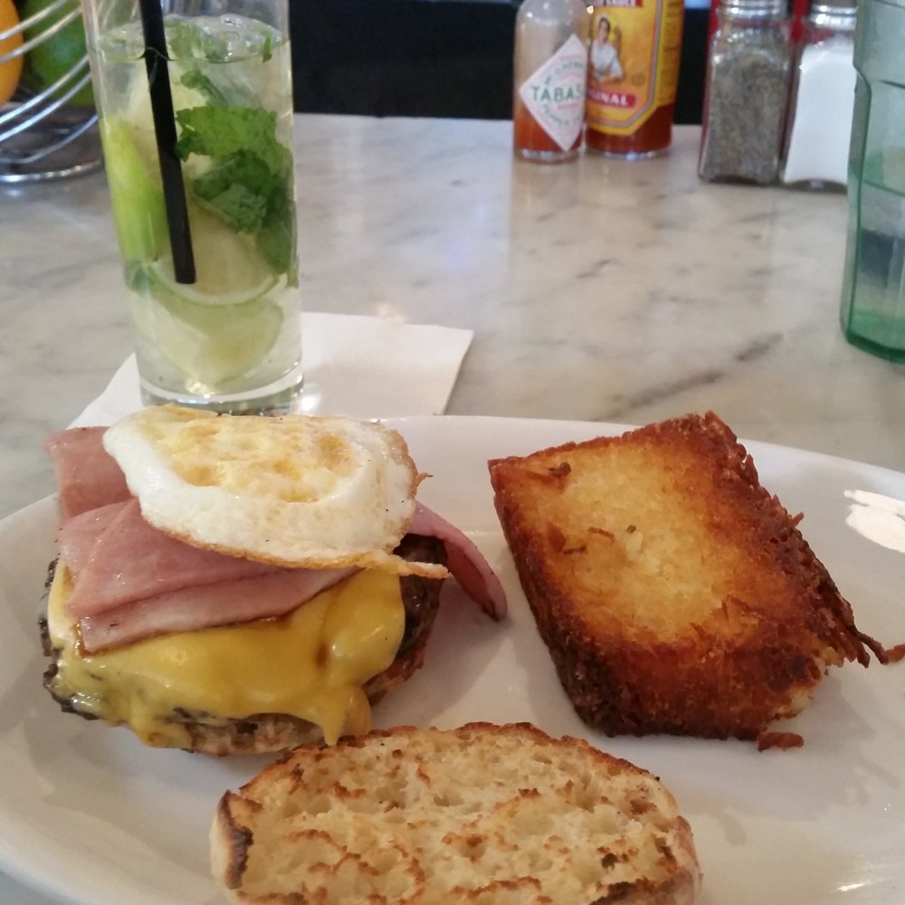 Open City - Ten thirty five. A burger on an english muffin with egg, cheese and ham. The side of bacon was not needed. - American Near Me - Washington, DC, District of Columbia