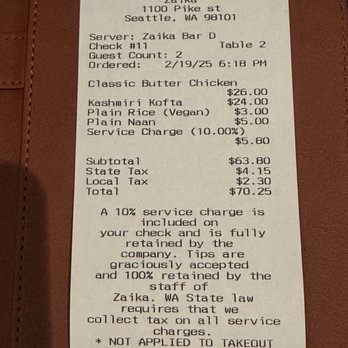 Zaika - Notice and read about the service charge!  It should instead be charge that goes to its staff! - Indian Near Me - Seattle, Washington