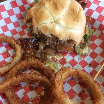 Red Wagon - Deluxe bacon burger with onion rings. Yumm - Burgers Near Me - Tumwater, Washington Red Wagon - Deluxe bacon burger with onion rings. Yumm - Burgers Near Me - Tumwater, Washington