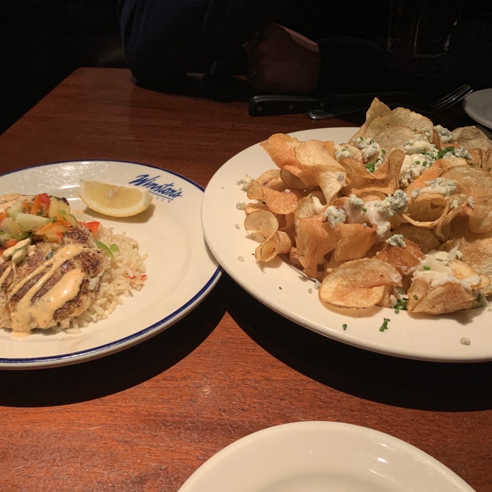 Winston's Grille - Crab Cake and Blue Cheese Chips - American Near Me - Raleigh, North Carolina Winston's Grille - Crab Cake and Blue Cheese Chips - American Near Me - Raleigh, North Carolina