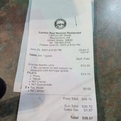 Camino Real Mexican Restaurant - The receipt