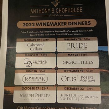 Anthony's Chophouse - 2022 wine dinner list - Steakhouses Near Me - Sparks, Nevada