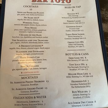 Bar Toto - Cocktail menu - Italian Near Me - Brooklyn, New York Bar Toto - Cocktail menu - Italian Near Me - Brooklyn, New York