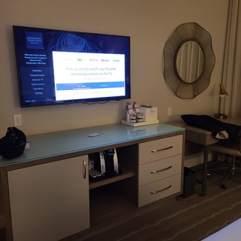 Hotel Paseo - mini fridge on left, coffee machine in center - Hotels Near Me - Palm Desert, California