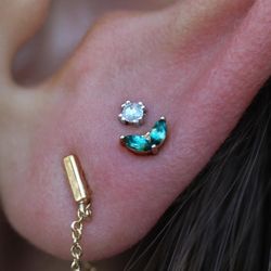 Fiat Lux - Stacked second ear lobe piercing with BVLA solid 14k gold earrings.