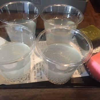 Boiling Point - Two snow cubes (strawberry and green tea). Complimentary lemonade with basil seeds. The latter was too sweet. - Taiwanese Near Me - Arcadia, California Boiling Point - Two snow cubes (strawberry and green tea). Complimentary lemonade with basil seeds. The latter was too sweet. - Taiwanese Near Me - Arcadia, California