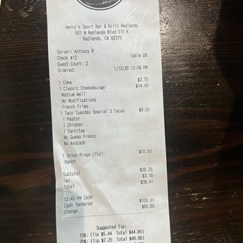 Henry’s Bar & Grill - Receipt - Bars Near Me - Redlands, California Henry’s Bar & Grill - Receipt - Bars Near Me - Redlands, California