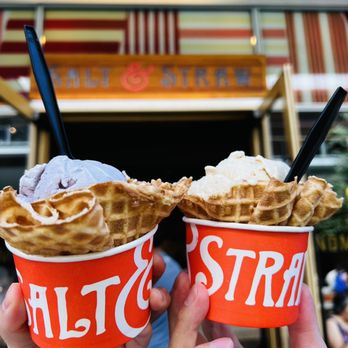 Salt & Straw - Honey lavender and sea salt with caramel ribbons split scoop (left, $7.95), cold brew coffee cashew praline (right, $7.45) - Ice Cream & Frozen Yogurt Near Me - San Ramon, California Salt & Straw - Honey lavender and sea salt with caramel ribbons split scoop (left, $7.95), cold brew coffee cashew praline (right, $7.45) - Ice Cream & Frozen Yogurt Near Me - San Ramon, California