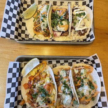 El Jefe Taco Joint - Top are the three meat tacos, bottom are two honey chicken and 1 breakfast taco. - Tacos Near Me - Anchorage, Alaska El Jefe Taco Joint - Top are the three meat tacos, bottom are two honey chicken and 1 breakfast taco. - Tacos Near Me - Anchorage, Alaska
