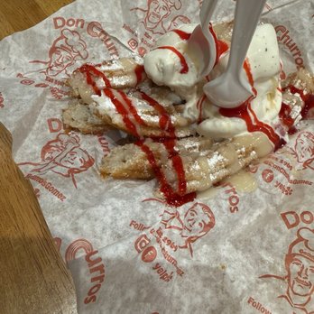 Don Churros Gomez - Funnel Cake Churro with vanilla bean, strawberry drizzle and condensed milk drizzle - Desserts Near Me - Santa Ana , California Don Churros Gomez - Funnel Cake Churro with vanilla bean, strawberry drizzle and condensed milk drizzle - Desserts Near Me - Santa Ana , California