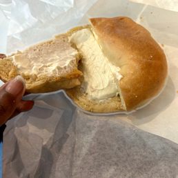 Bagel with cream cheese. They literally put the whole block of cream cheese on my bagel and didn't spread it. Bagel with cream cheese. They literally put the whole block of cream cheese on my bagel and didn't spread it.