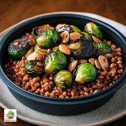 Primal Organic - Vegan- Pan Roasted Brussels with Almond Farro, Miso Caramel Sauce