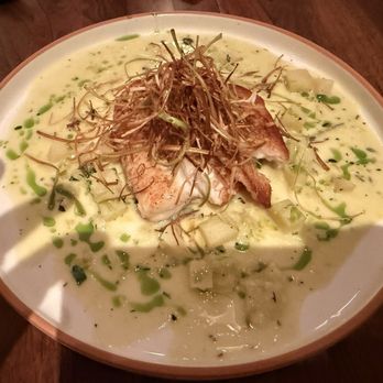 Terrapin Restaurant - LOCAL FLOUNDER potato-leek chowder, crispy leeks, leek oil - New American Near Me - Virginia Beach, Virginia