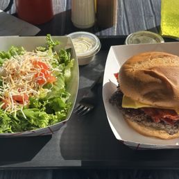 Bacon cheeseburger, and side salad