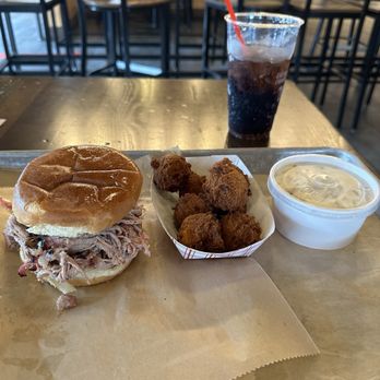 City Barbeque - Pulled pork sandwich, hush puppies, potato salad, and DP - Barbeque Near Me - Winston-Salem, North Carolina City Barbeque - Pulled pork sandwich, hush puppies, potato salad, and DP - Barbeque Near Me - Winston-Salem, North Carolina