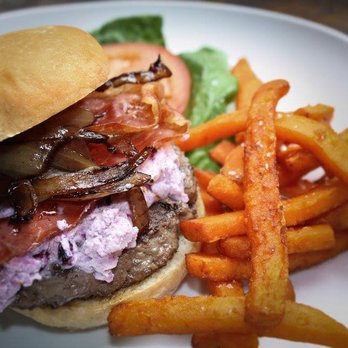Last Chair Kitchen & Bar - Huckleberry Burger with sweet potato fries - New American Near Me - Whitefish, Montana Last Chair Kitchen & Bar - Huckleberry Burger with sweet potato fries - New American Near Me - Whitefish, Montana