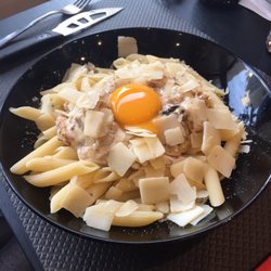 La Socca - Pena Carbonara. Creamy herby sauce.
