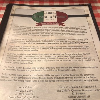 Pizza a'fetta - Front of menu - Pizza Near Me - Cannon Beach, Oregon Pizza a'fetta - Front of menu - Pizza Near Me - Cannon Beach, Oregon