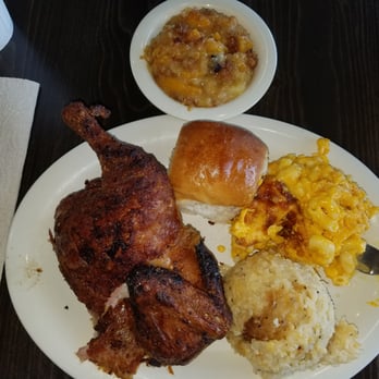 Cowboy Chicken - Half Chicken, roll, mac and cheese, 2x baked patato, and peach cobbler. - Chicken Shop Near Me - Irving, Texas