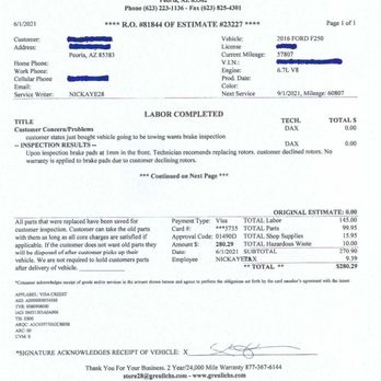 Brake Masters - Invoice from Greulich's for brake job - Auto Repair Near Me - Peoria, Arizona