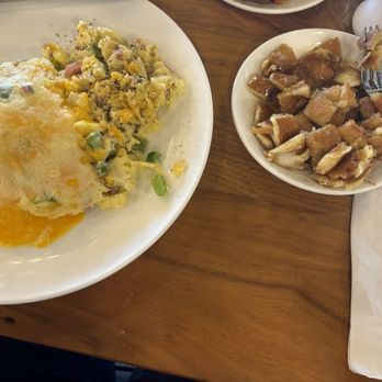 Original Pancake House - Western omelette with cheese and small stack pancakes cut into bite sized pieces. - Pancakes Near Me - Metuchen, New Jersey Original Pancake House - Western omelette with cheese and small stack pancakes cut into bite sized pieces. - Pancakes Near Me - Metuchen, New Jersey