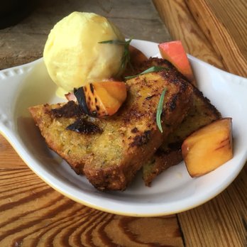 Odd Duck - Zucchini cake & corn ice cream with baked peaches - American Near Me - Austin, Texas