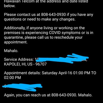 Hawaiian Telcom - According to customer service even though it states 1-2pm you have to wait until 5pm for service set up... where does it say that here?? - Internet Service Providers Near Me - Honolulu, Hawaii