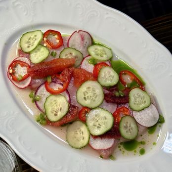 Butcher and the Rye - Hamachi Crudo - fennel * blood orange * pickled peppers - New American Near Me - Pittsburgh, Pennsylvania Butcher and the Rye - Hamachi Crudo - fennel * blood orange * pickled peppers - New American Near Me - Pittsburgh, Pennsylvania