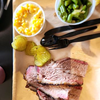 B-Daddy's BBQ - Marbled brisket ,pickles, creamed corn, and green beans. - Barbeque Near Me - Helotes, Texas B-Daddy's BBQ - Marbled brisket ,pickles, creamed corn, and green beans. - Barbeque Near Me - Helotes, Texas