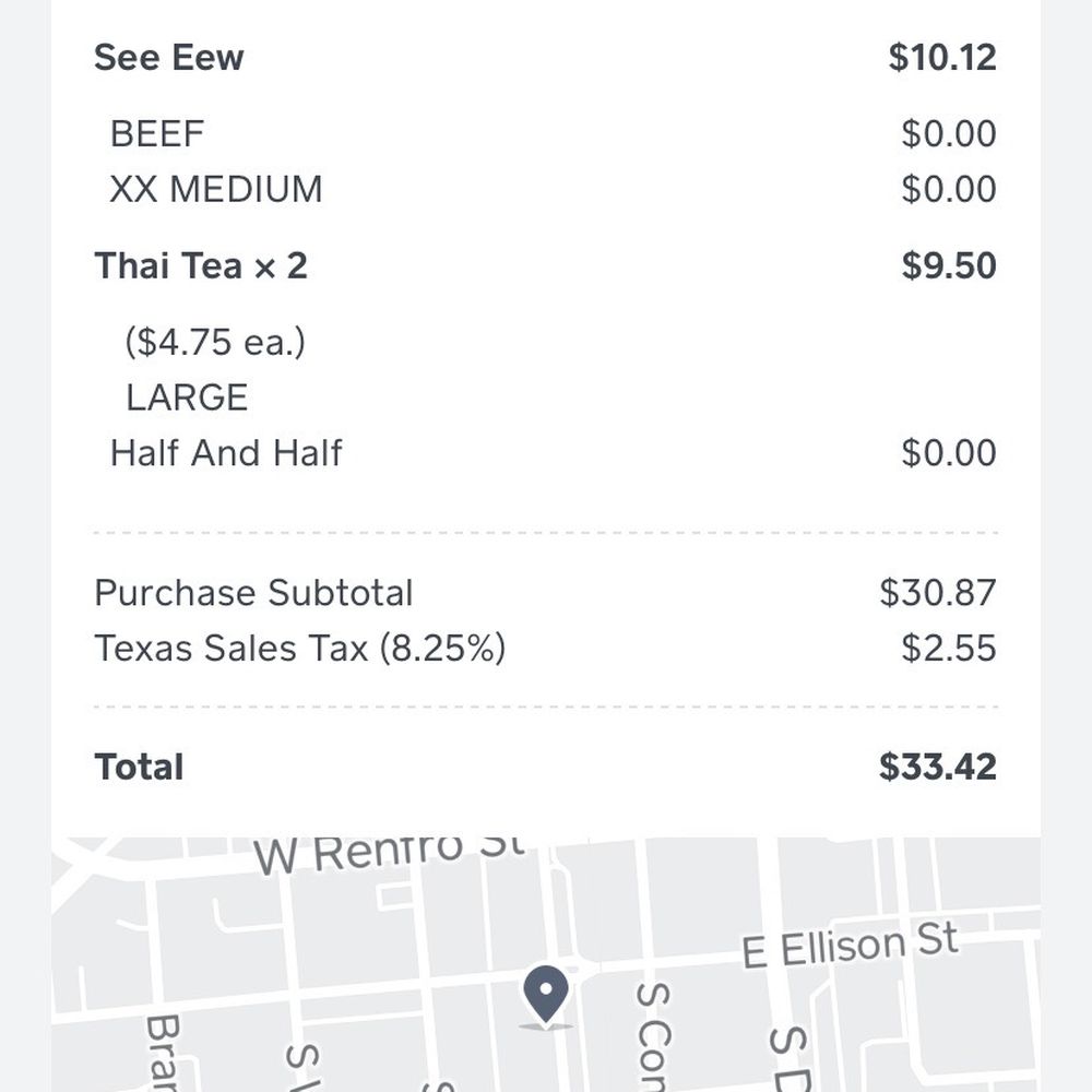 Menu price was $9.75 for the Thai fried rice but I was charged $11.25. (Plus $2.50 upcharge for shrimp on top of that) Menu price was $9.75 for the Thai fried rice but I was charged $11.25. (Plus $2.50 upcharge for shrimp on top of that)