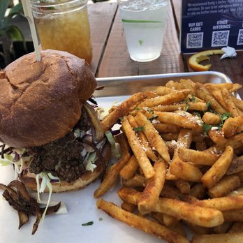 Pacific Coast Spirits - Cauliflower sandwich with truffle fries - New American Near Me - Oceanside, California Pacific Coast Spirits - Cauliflower sandwich with truffle fries - New American Near Me - Oceanside, California