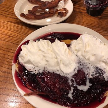 Cracker Barrel Old Country Store - Pancakes with blackberry and whipped cream topping with a side of bacon - Breakfast & Brunch Near Me - Spanish Fort, Alabama